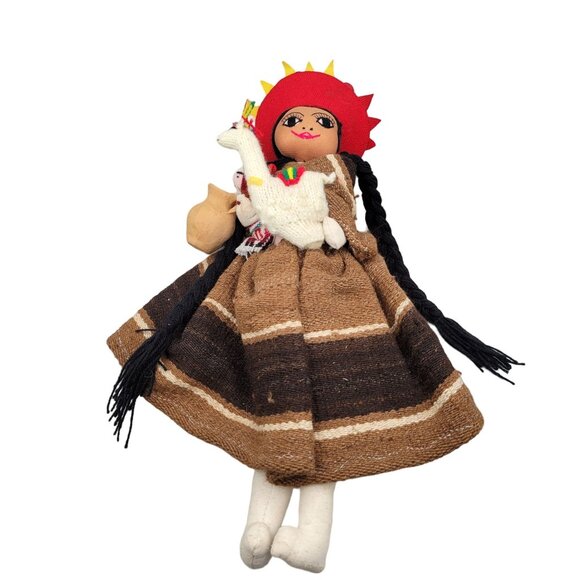 Handmade Peruvian Folk Doll Cloth Llama Clay Pot Doll Long Braids - Picture 5 of 8